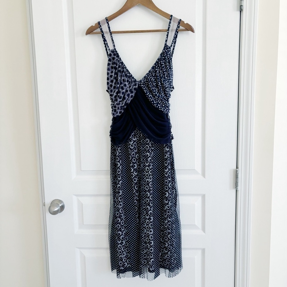 Anac by Kimi Navy Blue Mesh Geometric Print Sleeveless Dress Large